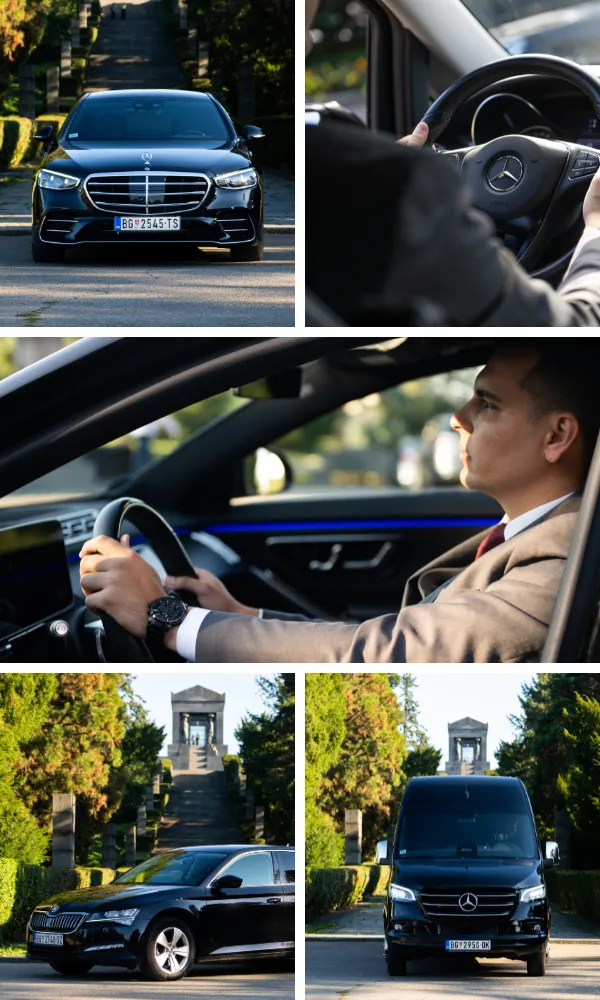 Grand Solutions aerodromski transfer — Mercedes S klasa i Škoda Superb, profesionalni vozač u odelu